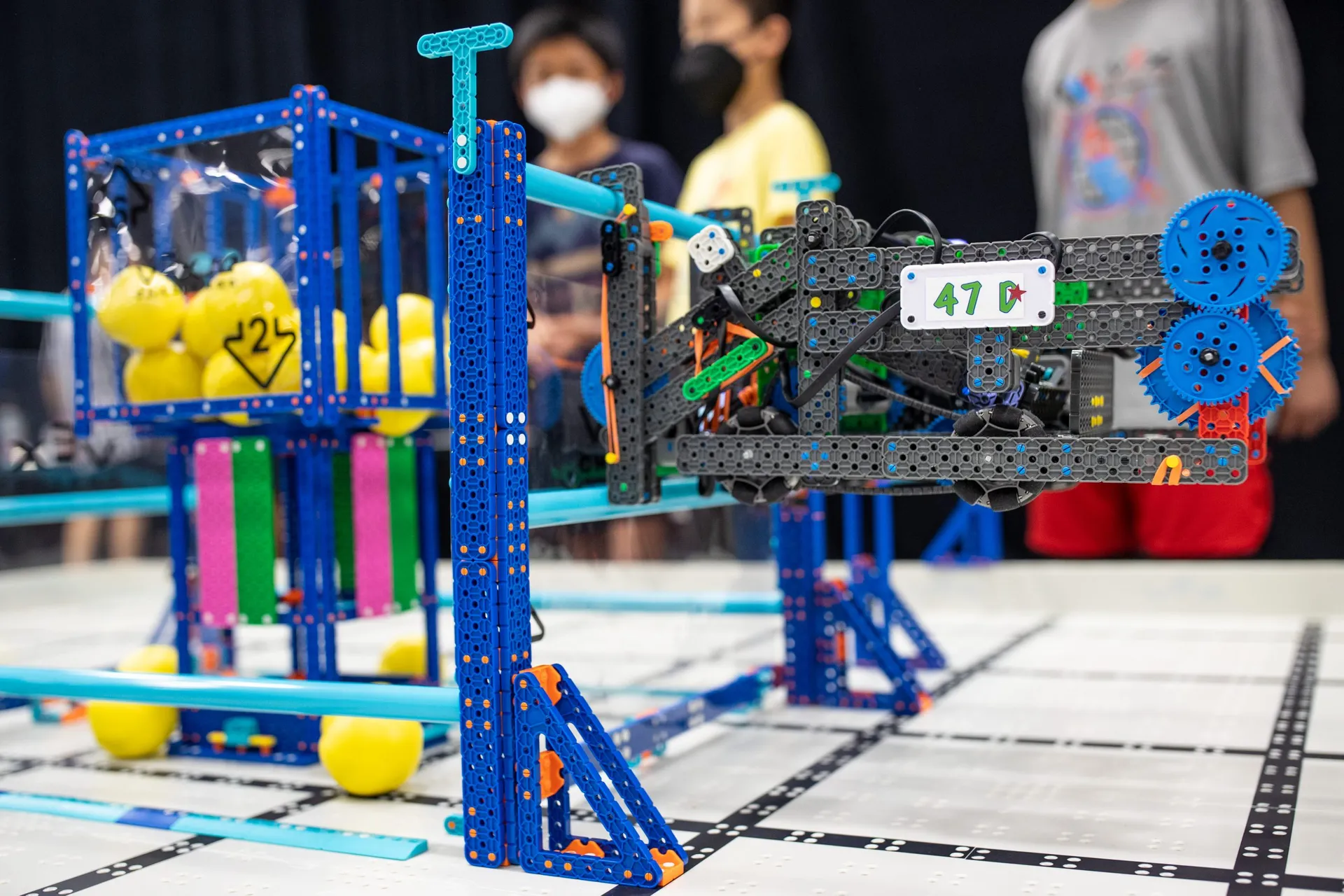 A VEX competition robot up close on the field